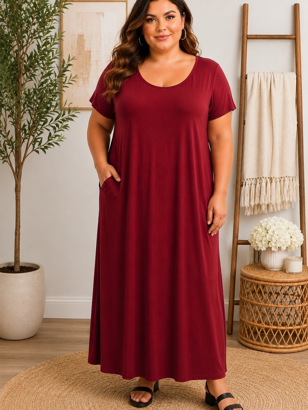 Plus-Size Scoop Neck Maxi Dress in Burgundy